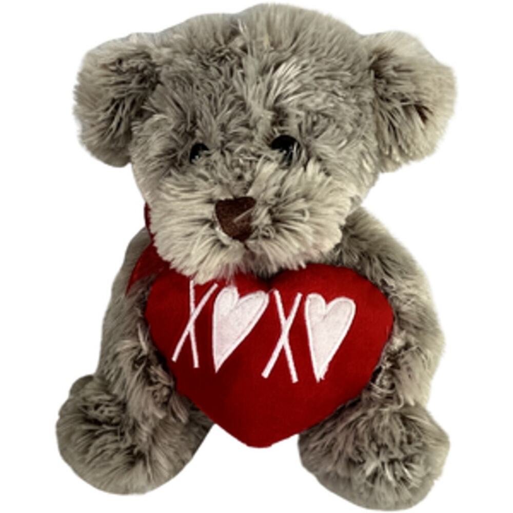 Grey Fuzzy Teddy Bear Holding XOXO Heart Plush Medium Size